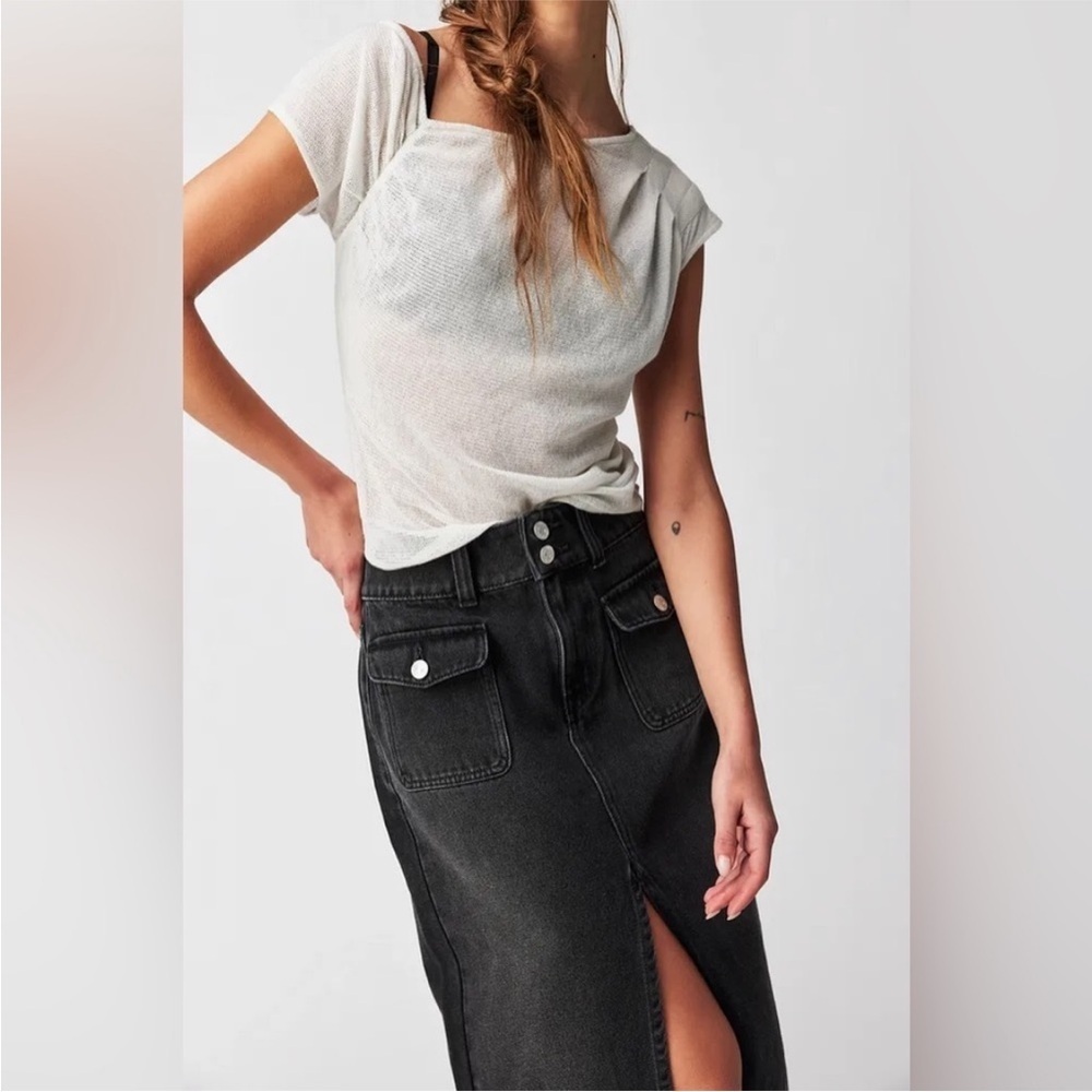 NEW We The Free Madison Midi Skirt | Free People Black Denim Midi Skirt